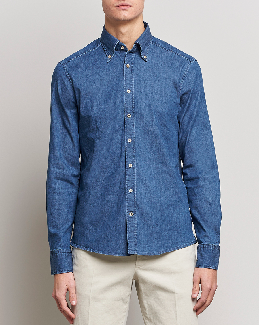 Hombres |  | Stenströms | Slimline Button Down Garment Washed Shirt Mid Blue Denim