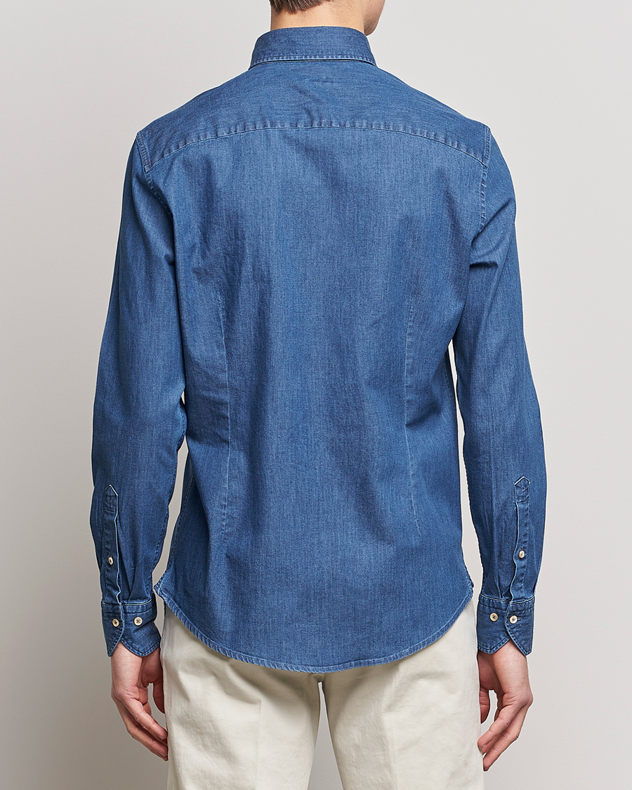Hombres | Camisas | Stenströms | Slimline Button Down Garment Washed Shirt Mid Blue Denim