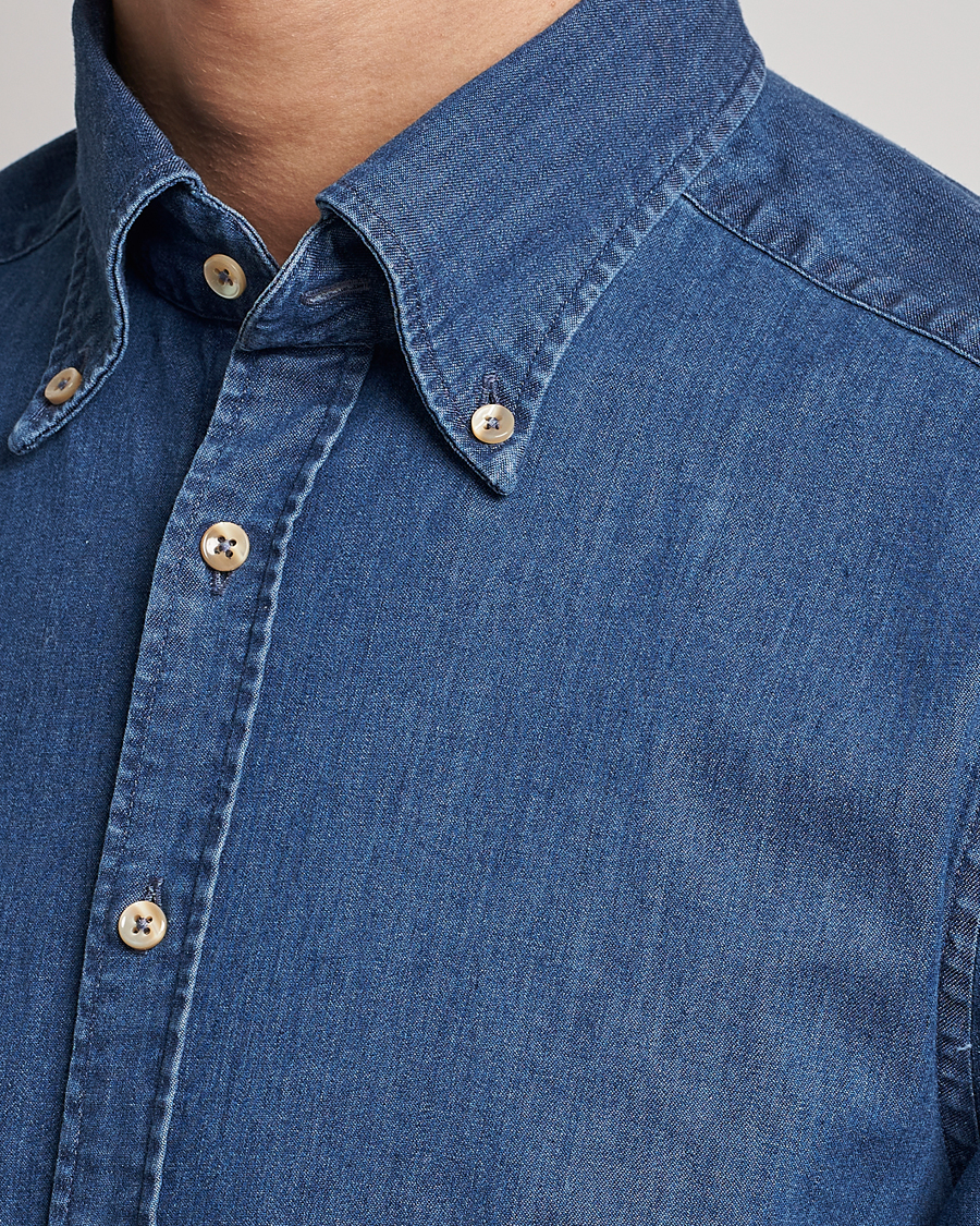Hombres | Camisas | Stenströms | Slimline Button Down Garment Washed Shirt Mid Blue Denim
