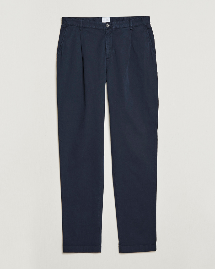 Hombres | Pantalones | Sunspel | Pleated Stretch Cotton Twill Chino Navy