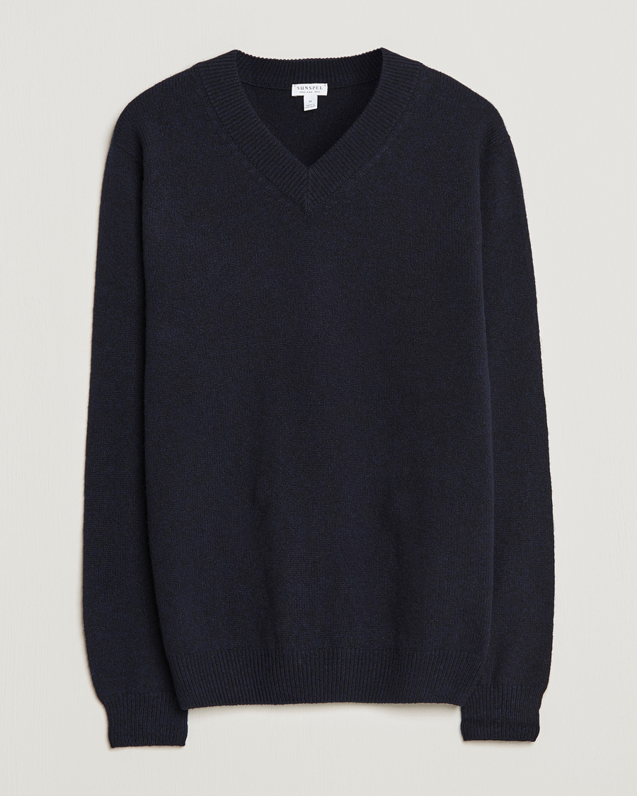 Hombres | Jerséis y prendas de punto | Sunspel | Lambswool V-Neck Dark Navy Mouline
