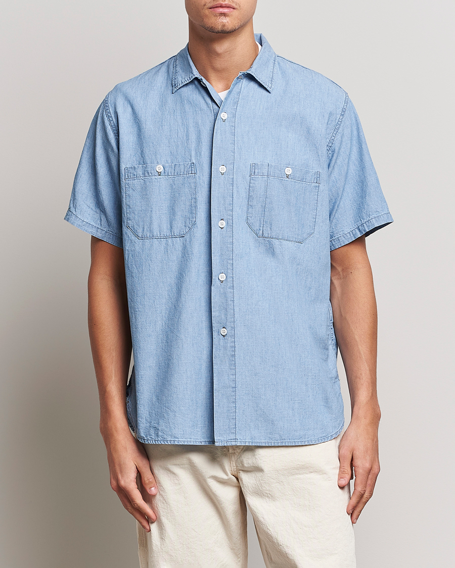 Hombres | Camisas | orSlow | Chambray Short Sleeve Work Shirt Light Blue