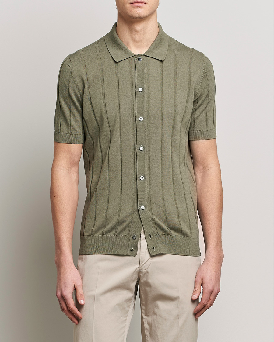 Hombres | Camisas | Lardini | Short Sleeve Knitted Cotton Crèpe Shirt Olive