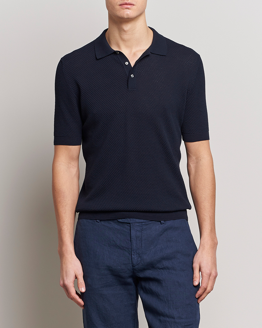 Hombres | Polos | Lardini | Short Sleeve Knitted Structure Cotton Polo Navy