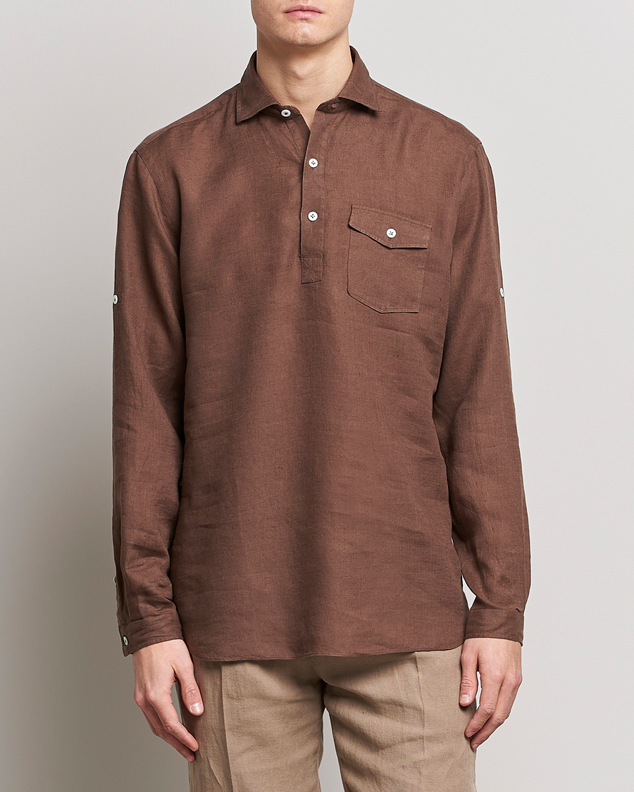 Hombres | Camisas | Lardini | Relaxed Linen Popover Shirt Brown