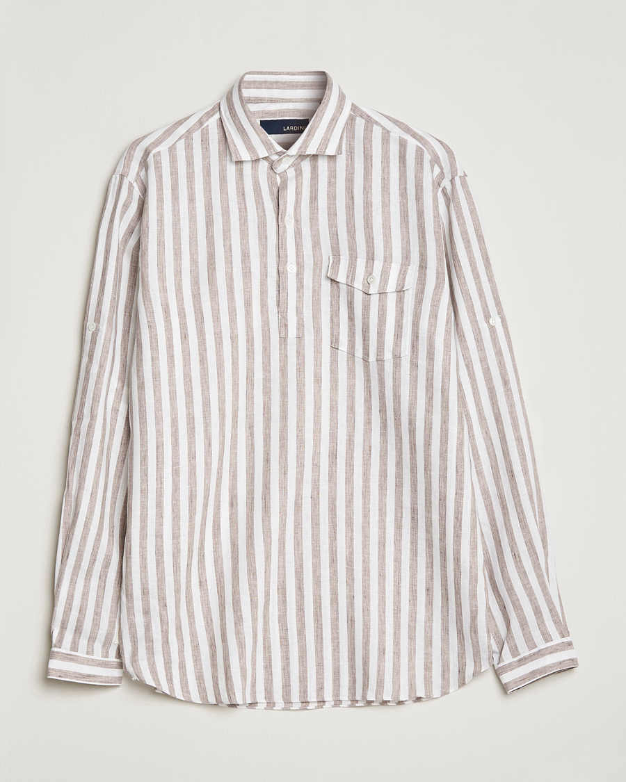 Hombres | Camisas | Lardini | Relaxed Striped Linen Popover Shirt Brown/White