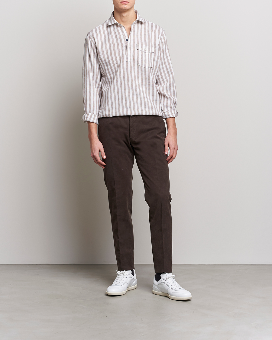 Hombres | Camisas | Lardini | Relaxed Striped Linen Popover Shirt Brown/White