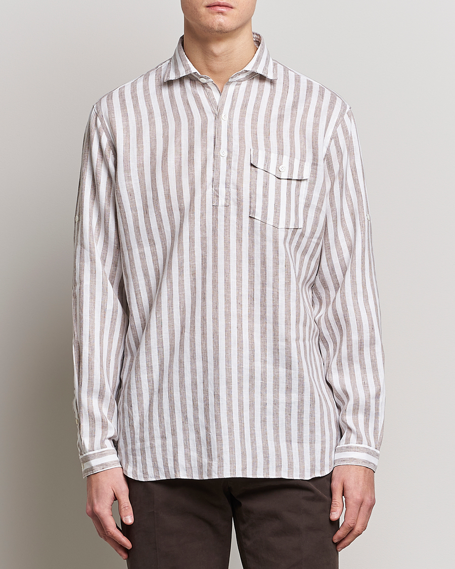 Hombres | Camisas | Lardini | Relaxed Striped Linen Popover Shirt Brown/White