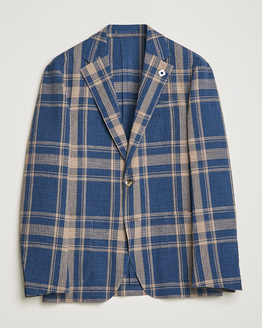 Hombres | Blazers | Lardini | Cotton/Linen Melange Seersucker Blazer Navy