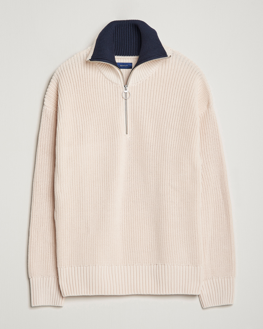 Hombres | Jerséis y prendas de punto | GANT | Chunky Ribbed Knitted Half-Zip Linen White
