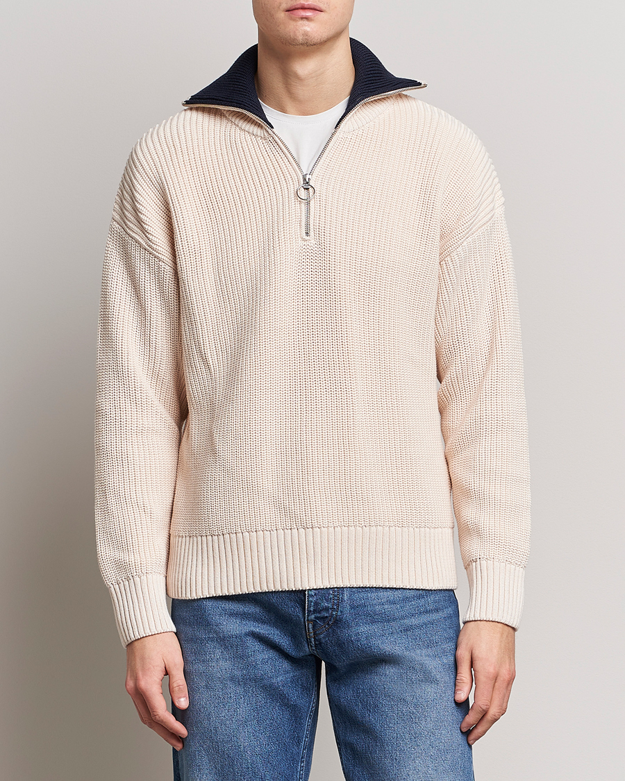 Hombres | Jerséis y prendas de punto | GANT | Chunky Ribbed Knitted Half-Zip Linen White