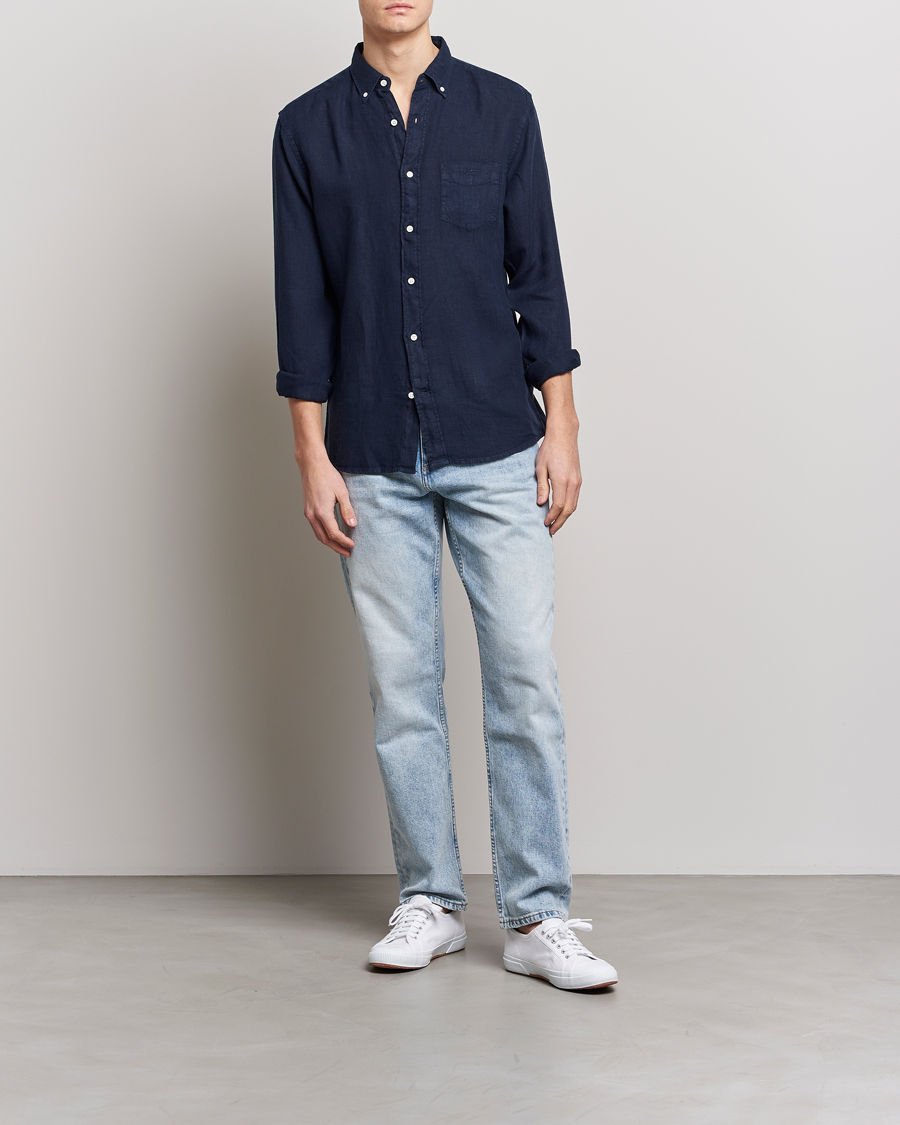 Hombres | Camisas | GANT | Regular Fit Garment Dyed Linen Shirt Marine