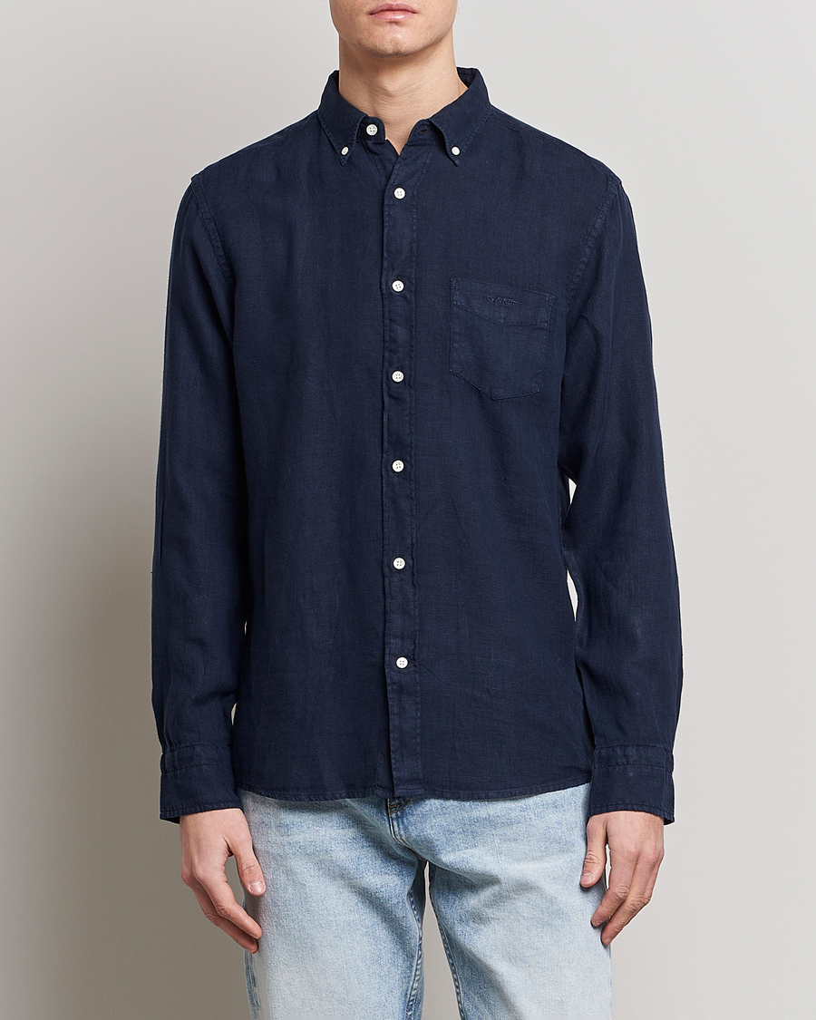 Hombres | Camisas | GANT | Regular Fit Garment Dyed Linen Shirt Marine