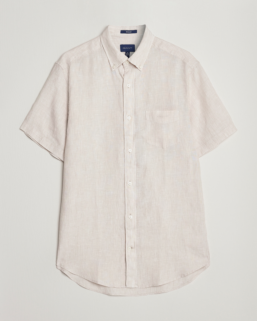 Hombres | Camisas | GANT | Regular Fit Striped Linen Short Sleeve Shirt Dry Sand