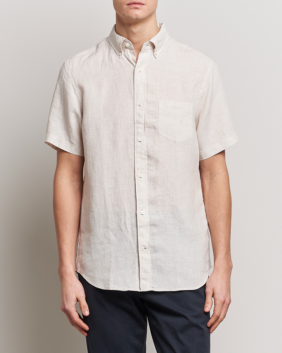 Hombres | Camisas | GANT | Regular Fit Striped Linen Short Sleeve Shirt Dry Sand