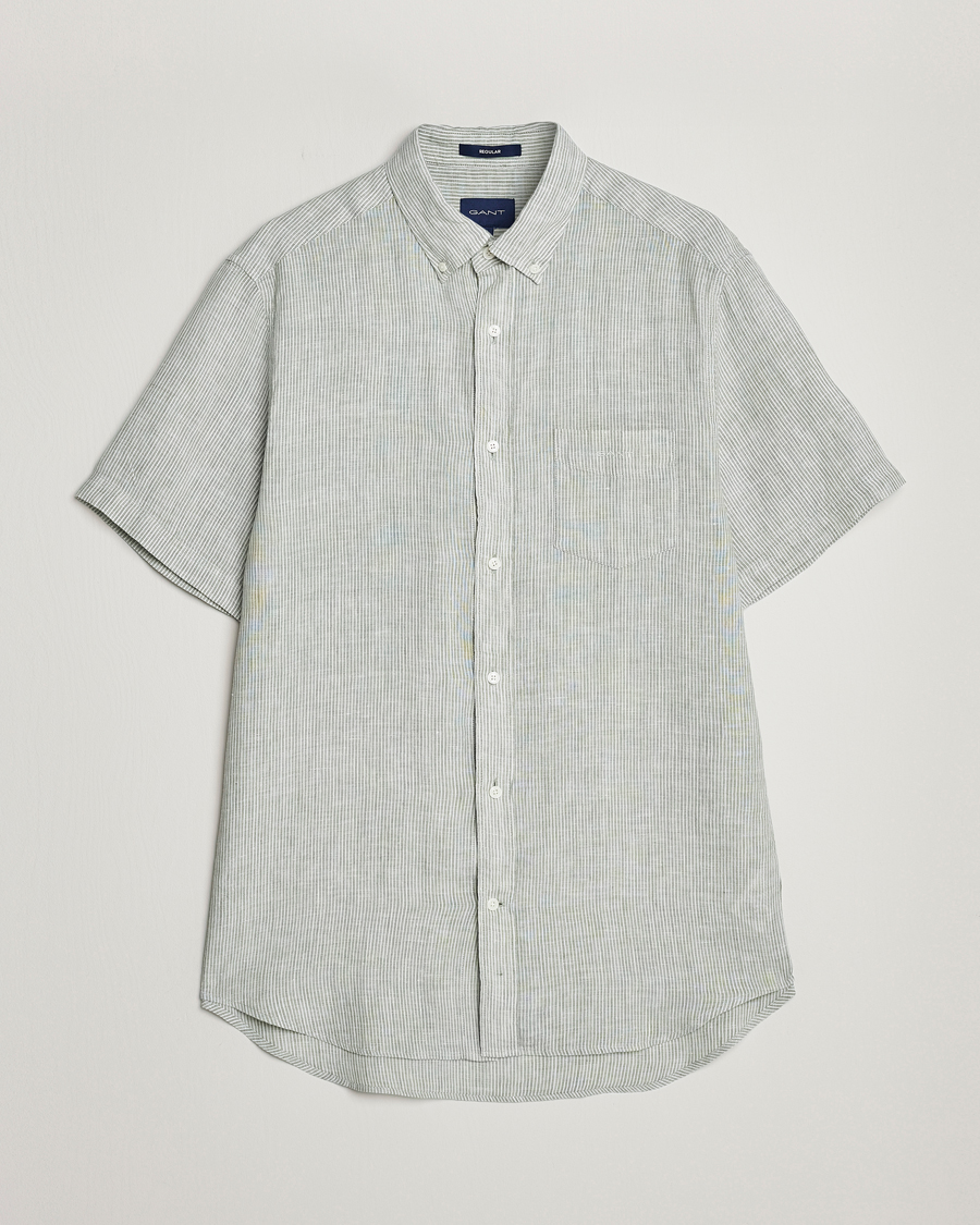 Hombres | Camisas | GANT | Regular Fit Striped Linen Short Sleeve Shirt Calamata Green