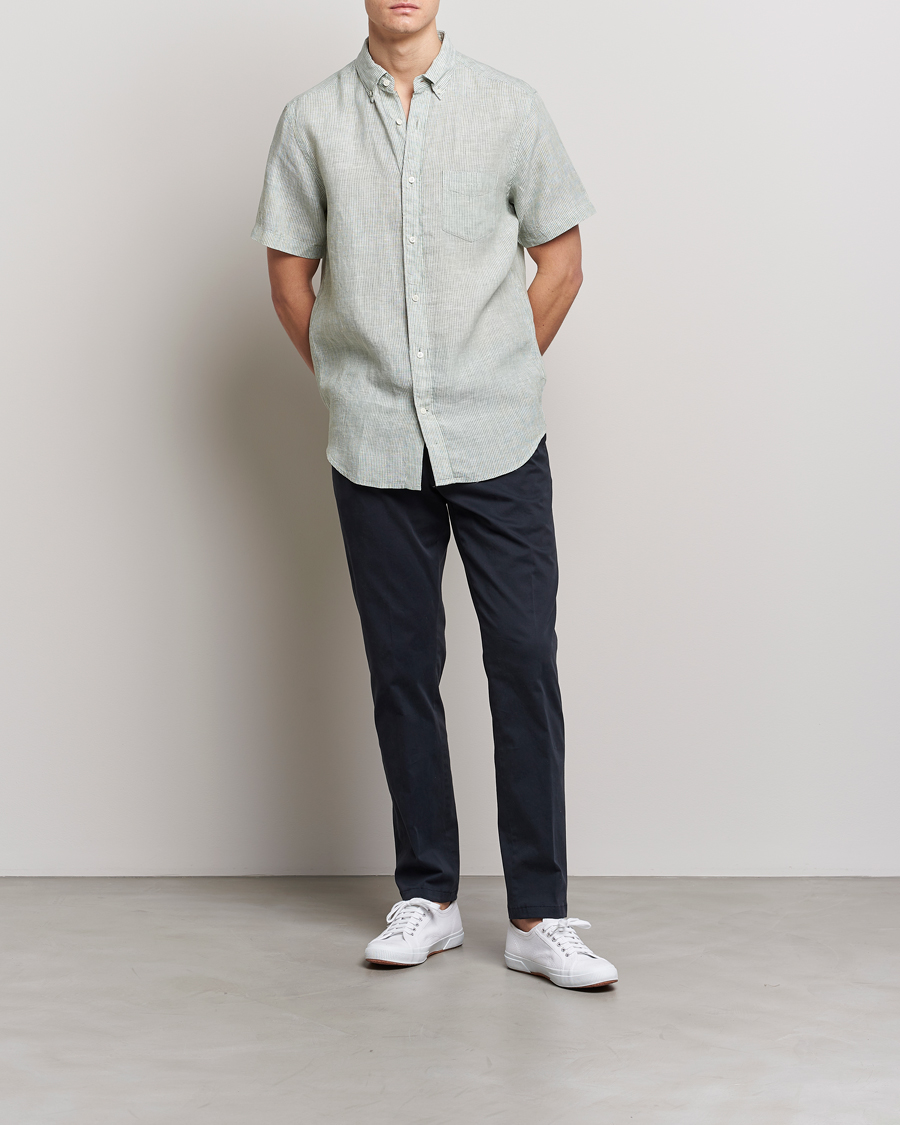 Hombres | Camisas | GANT | Regular Fit Striped Linen Short Sleeve Shirt Calamata Green