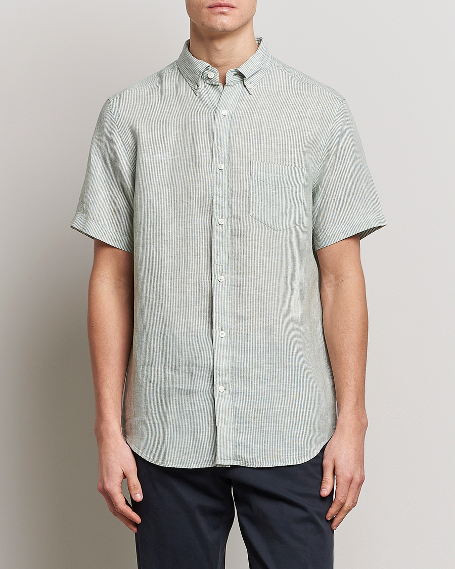 Hombres | Camisas | GANT | Regular Fit Striped Linen Short Sleeve Shirt Calamata Green