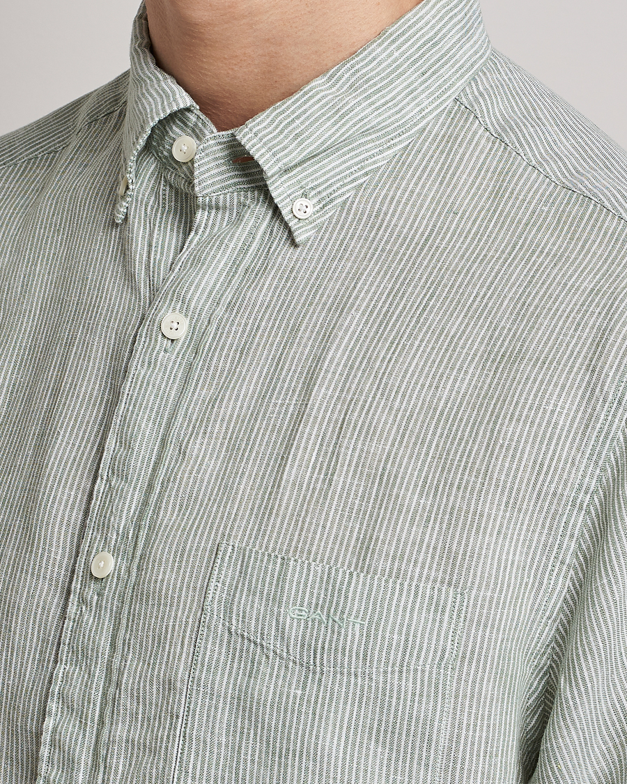 Hombres | Camisas | GANT | Regular Fit Striped Linen Short Sleeve Shirt Calamata Green