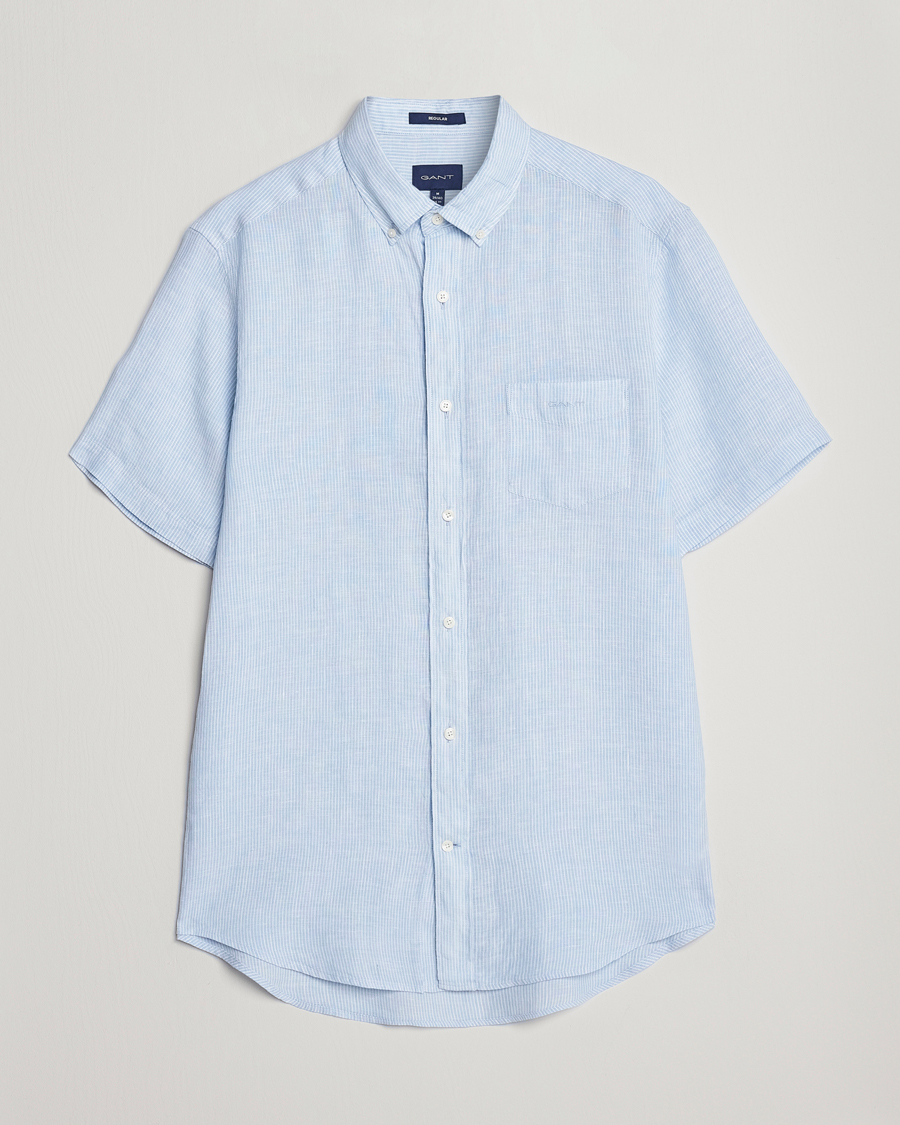 Hombres | Camisas | GANT | Regular Fit Striped Linen Short Sleeve Shirt Capri Blue