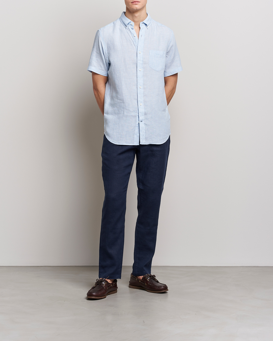 Hombres | Camisas | GANT | Regular Fit Striped Linen Short Sleeve Shirt Capri Blue