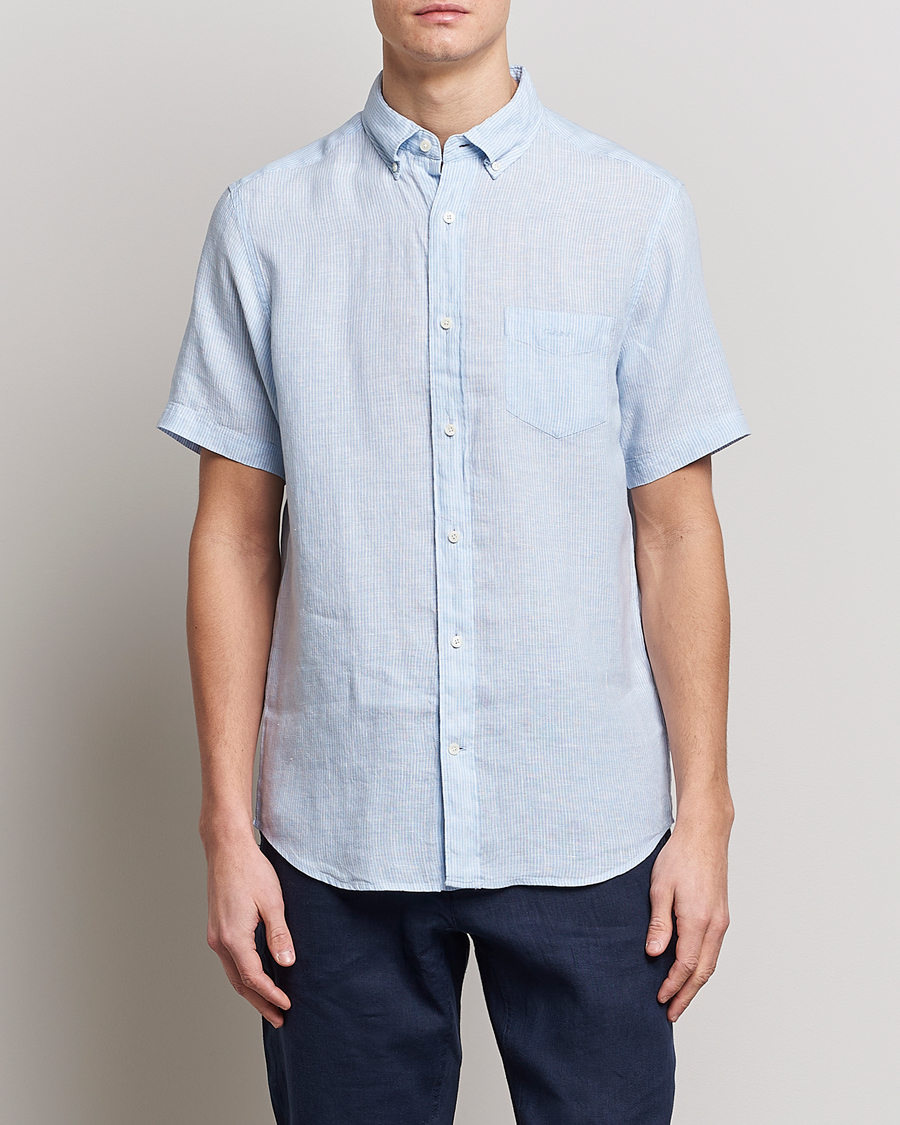 Hombres | Camisas | GANT | Regular Fit Striped Linen Short Sleeve Shirt Capri Blue