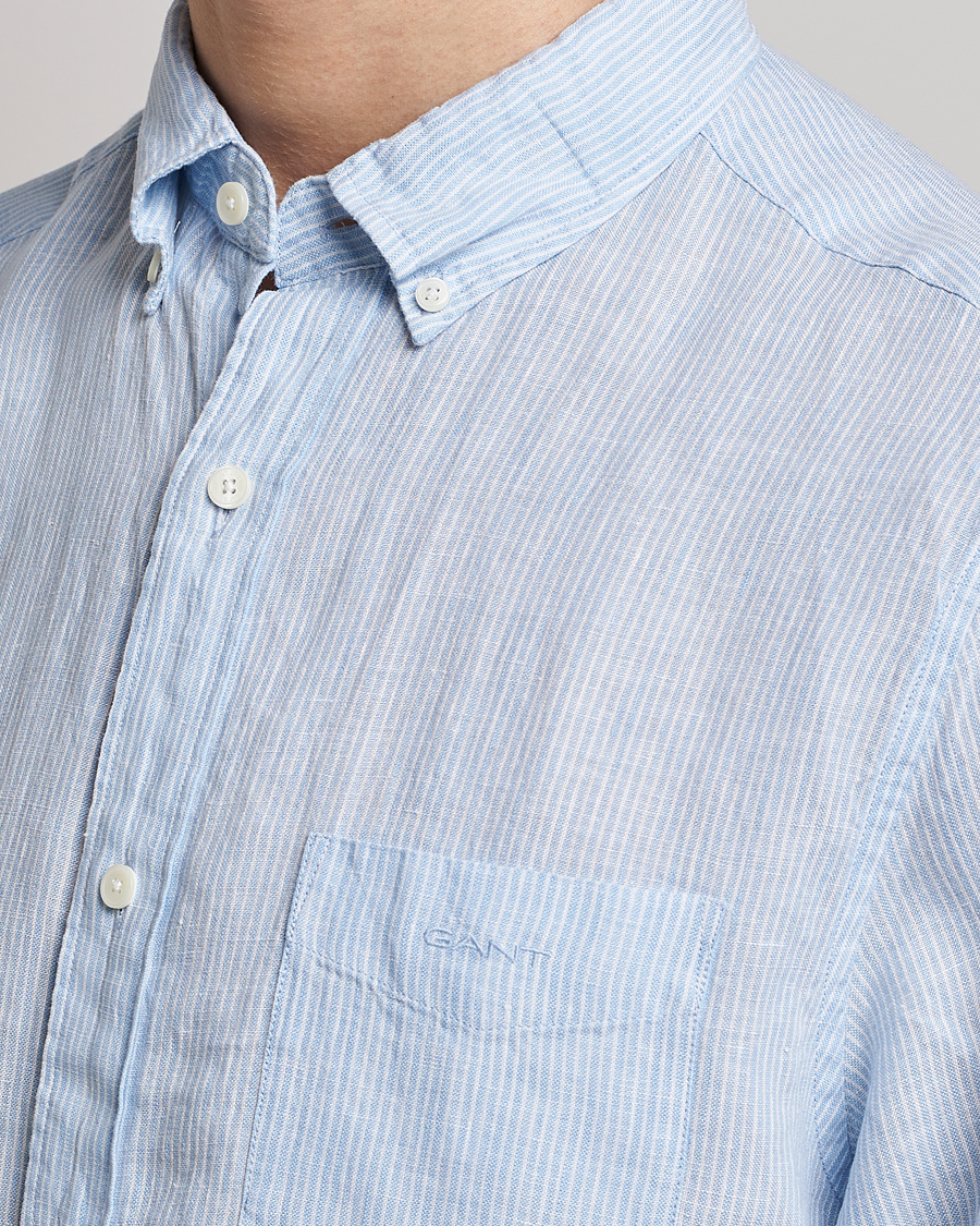Hombres | Camisas | GANT | Regular Fit Striped Linen Short Sleeve Shirt Capri Blue