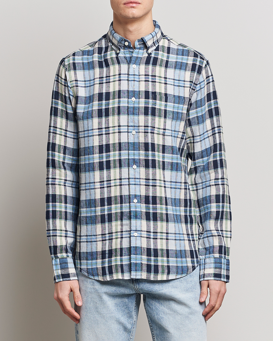 Hombres | Camisas | GANT | Regular Fit Linen Madras Checked Shirt Marine Multi