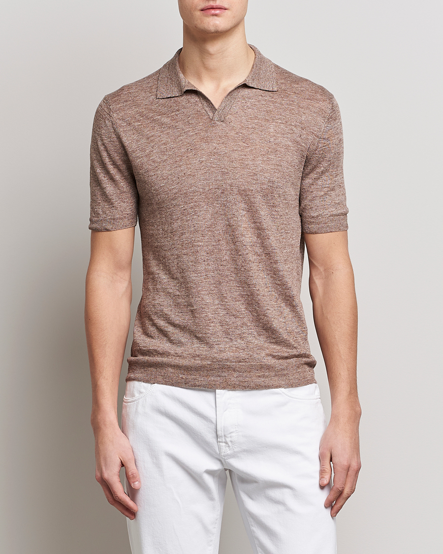 Hombres | Camisas polo de manga corta | Gran Sasso | Knitted Linen Polo Medium Brown