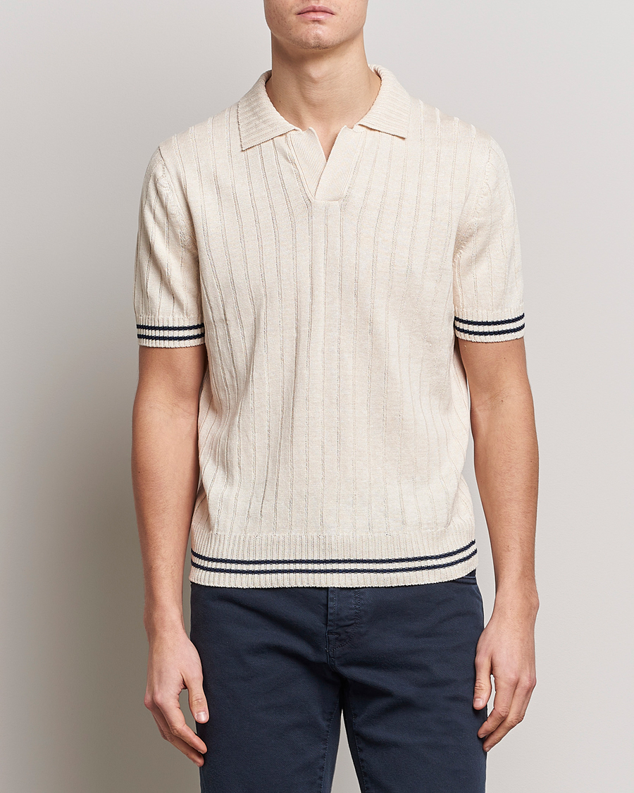 Hombres | Polos | Gran Sasso | Cotton/Linen Structured Knitted Polo Cream