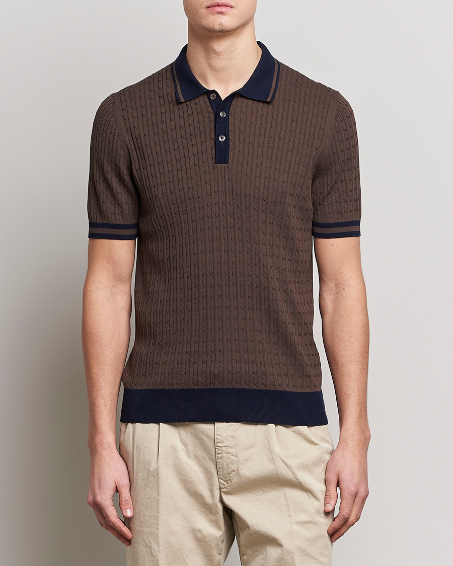 Hombres | Polos | Gran Sasso | Cable Knitted Contrast Polo Dark Brown