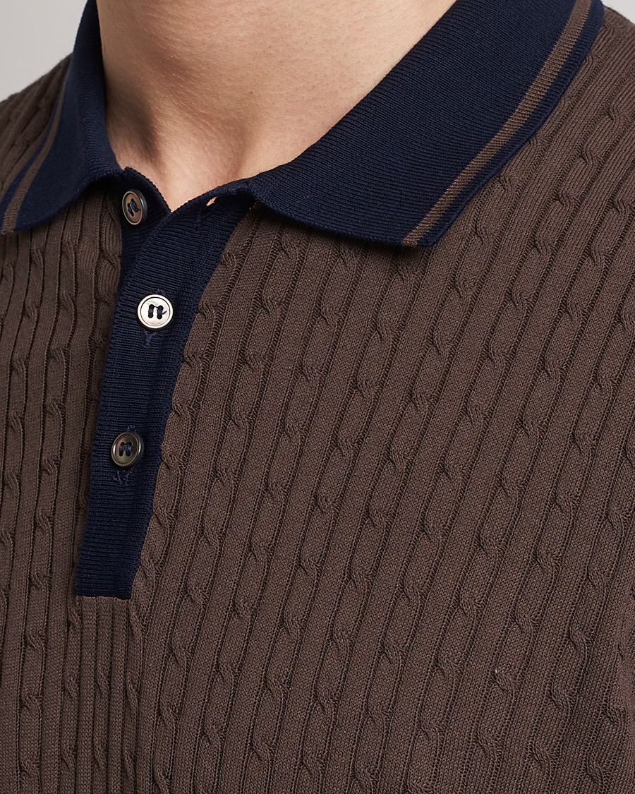 Hombres | Polos | Gran Sasso | Cable Knitted Contrast Polo Dark Brown