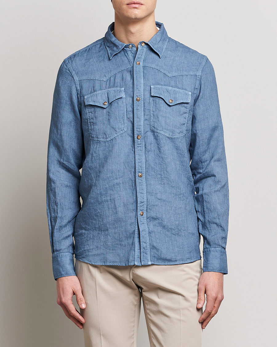 Hombres | Camisas | Gran Sasso | Casual Pocket Linen Shirt Blue