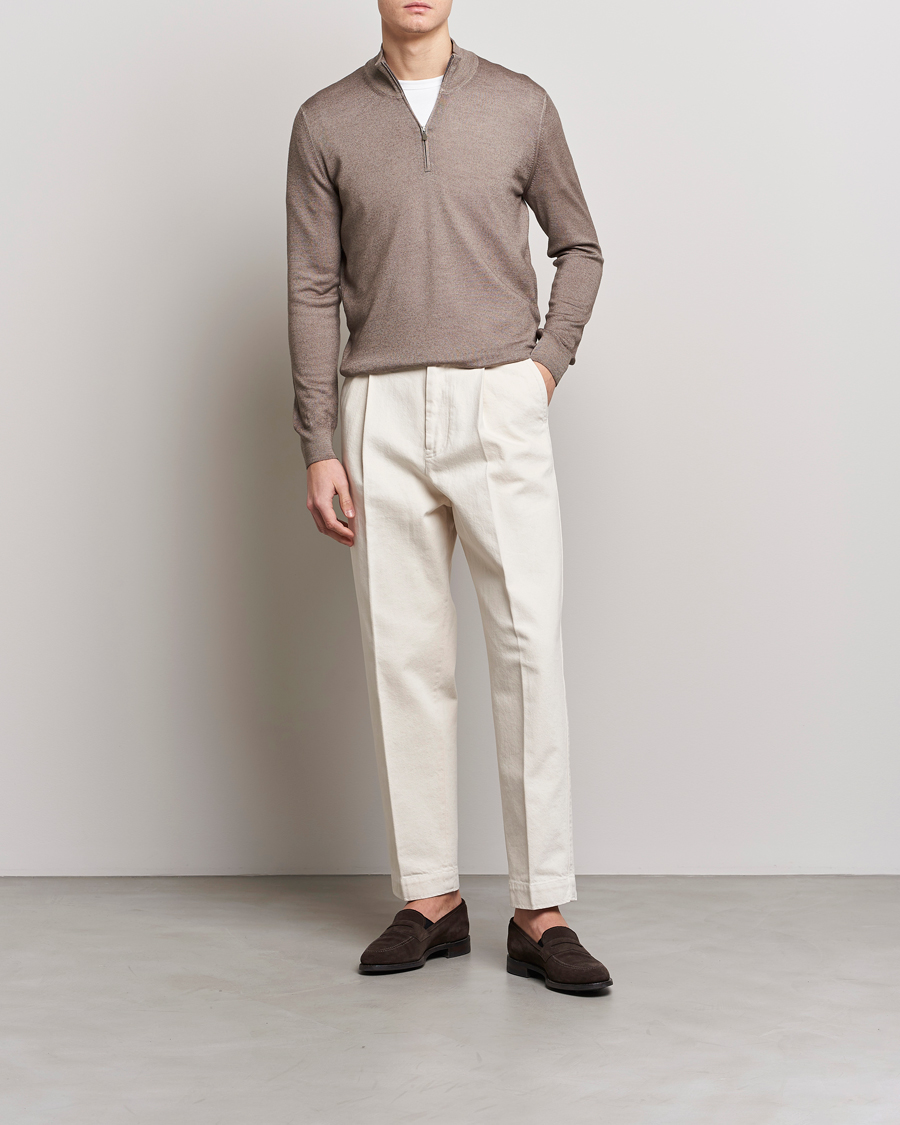 Hombres | Jerséis y prendas de punto | Gran Sasso | Summer Merino Half Zip Sweater Brown Melange