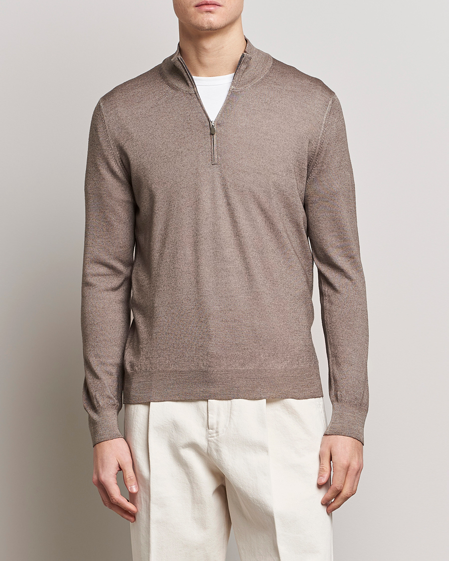 Hombres | Jerséis y prendas de punto | Gran Sasso | Summer Merino Half Zip Sweater Brown Melange