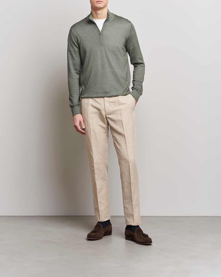 Hombres | Jerséis y prendas de punto | Gran Sasso | Summer Merino Half Zip Sweater Green Melange