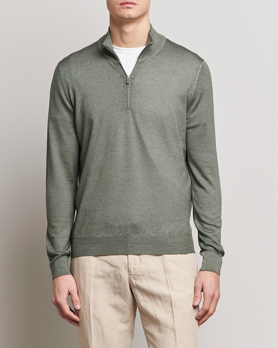 Hombres | Jerséis y prendas de punto | Gran Sasso | Summer Merino Half Zip Sweater Green Melange