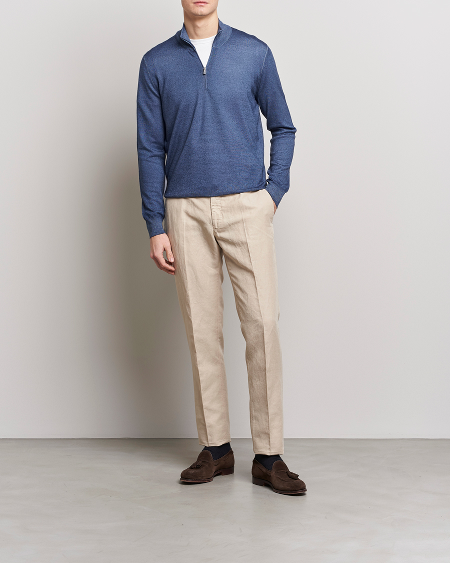 Hombres | Jerséis y prendas de punto | Gran Sasso | Summer Merino Half Zip Sweater Blue Melange