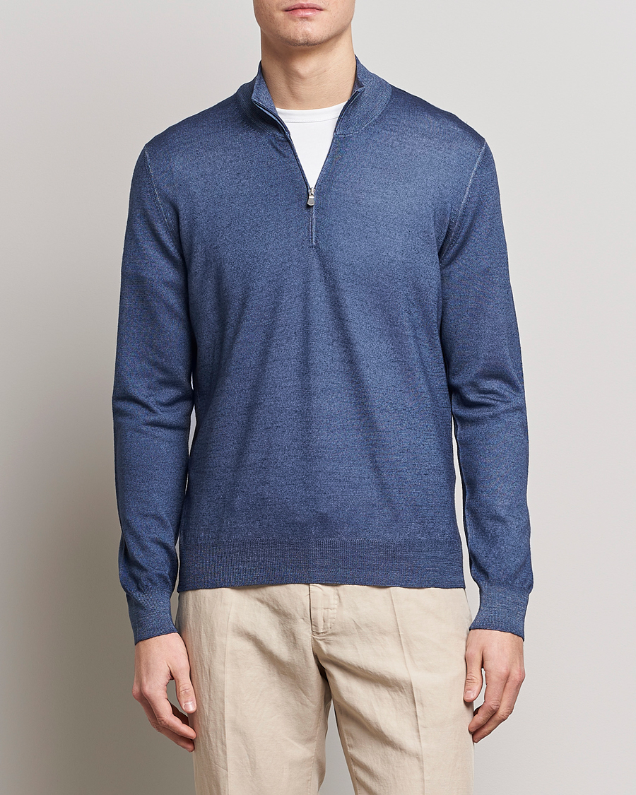 Hombres | Jerséis y prendas de punto | Gran Sasso | Summer Merino Half Zip Sweater Blue Melange