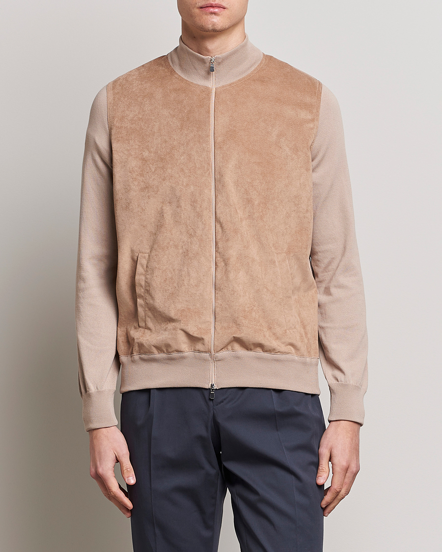 Hombres | Jerséis y prendas de punto | Gran Sasso | Knitted Cotton/Alcantara Full Zip Beige