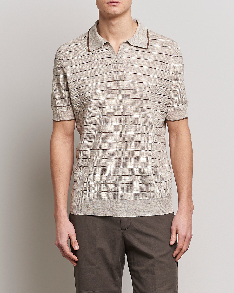 Hombres | Polos | Gran Sasso | Structured Striped Knitted Linen Polo Beige