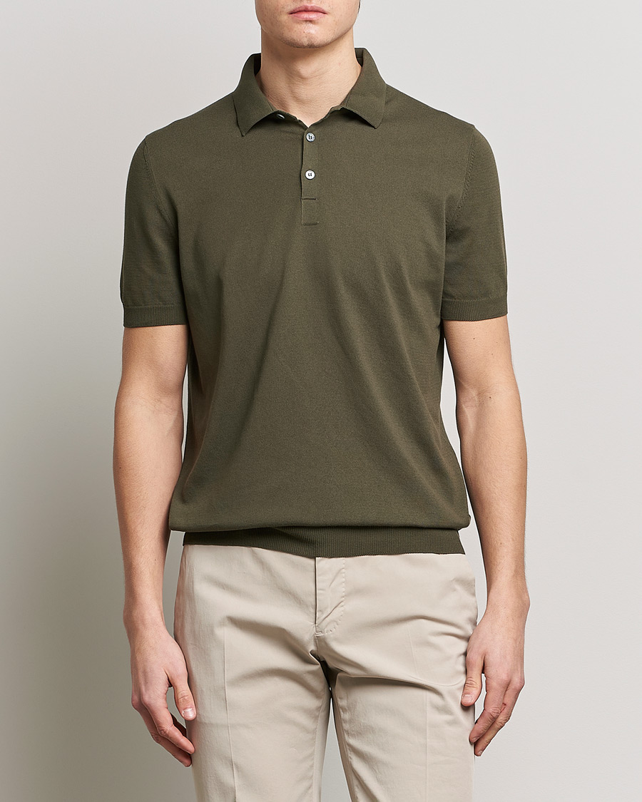 Hombres | Polos | Gran Sasso | Cotton Knitted Polo Dark Olive