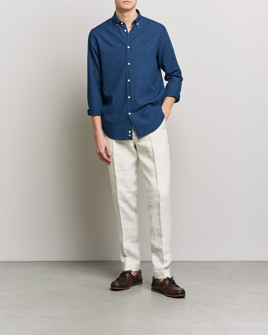 Hombres | Camisas | Morris | Cotton /Linen Indigo Button Down Shirt Dark Blue