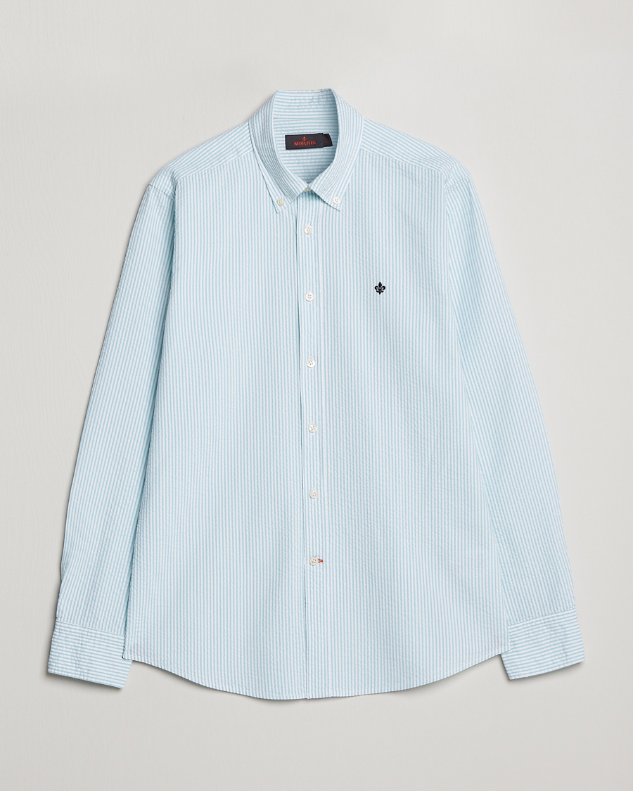 Hombres | Camisas | Morris | Seersucker Button Down Shirt Aqua/White