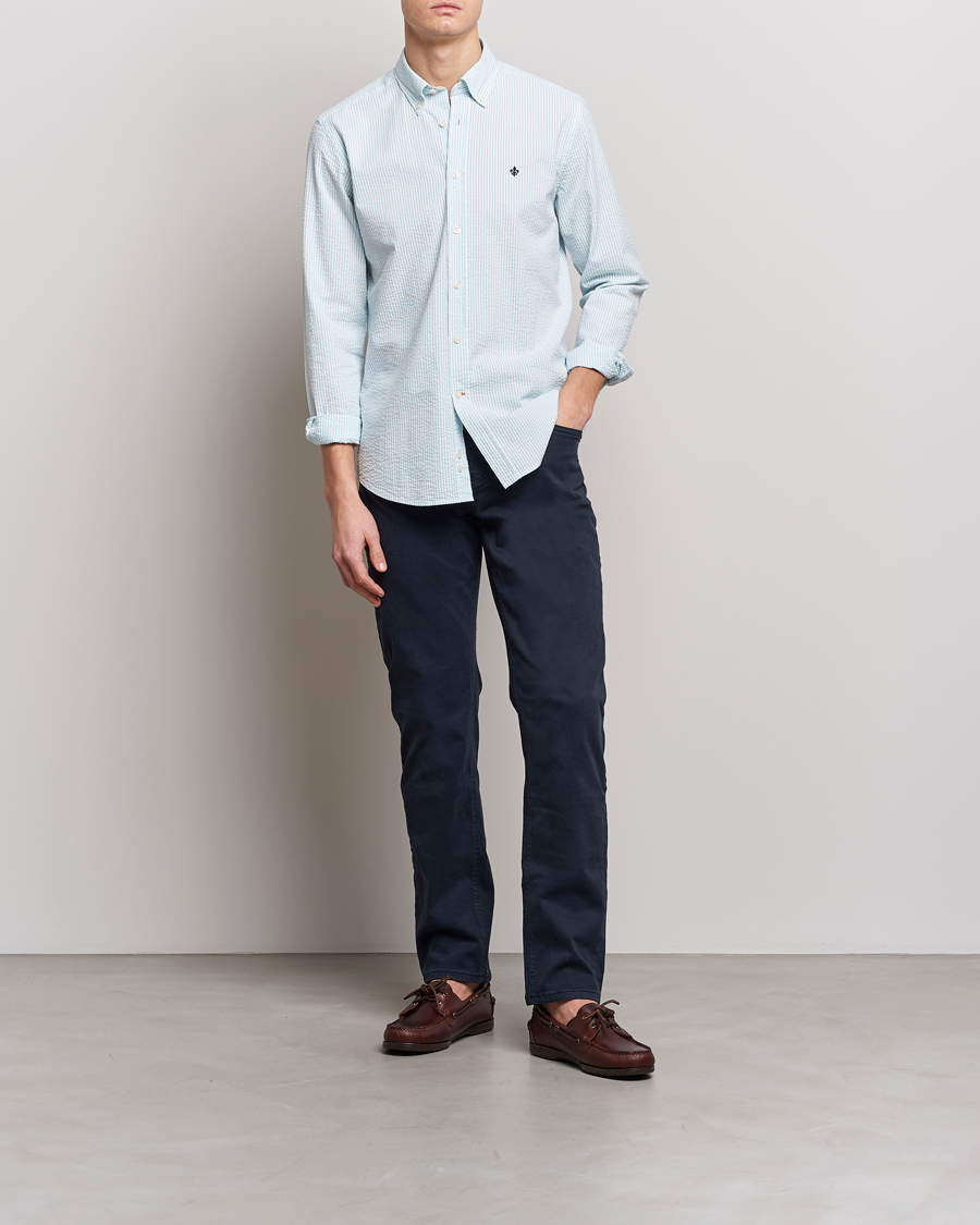 Hombres | Camisas | Morris | Seersucker Button Down Shirt Aqua/White
