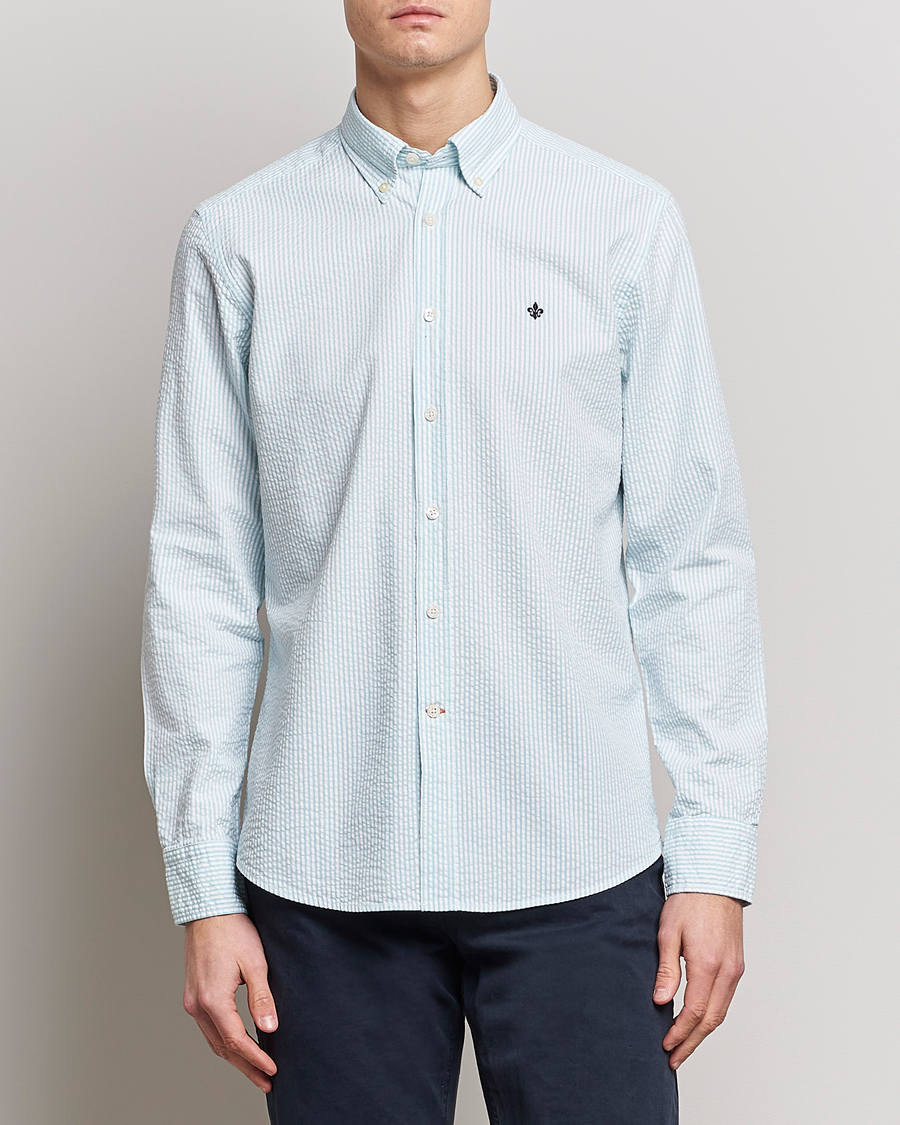 Hombres | Camisas | Morris | Seersucker Button Down Shirt Aqua/White