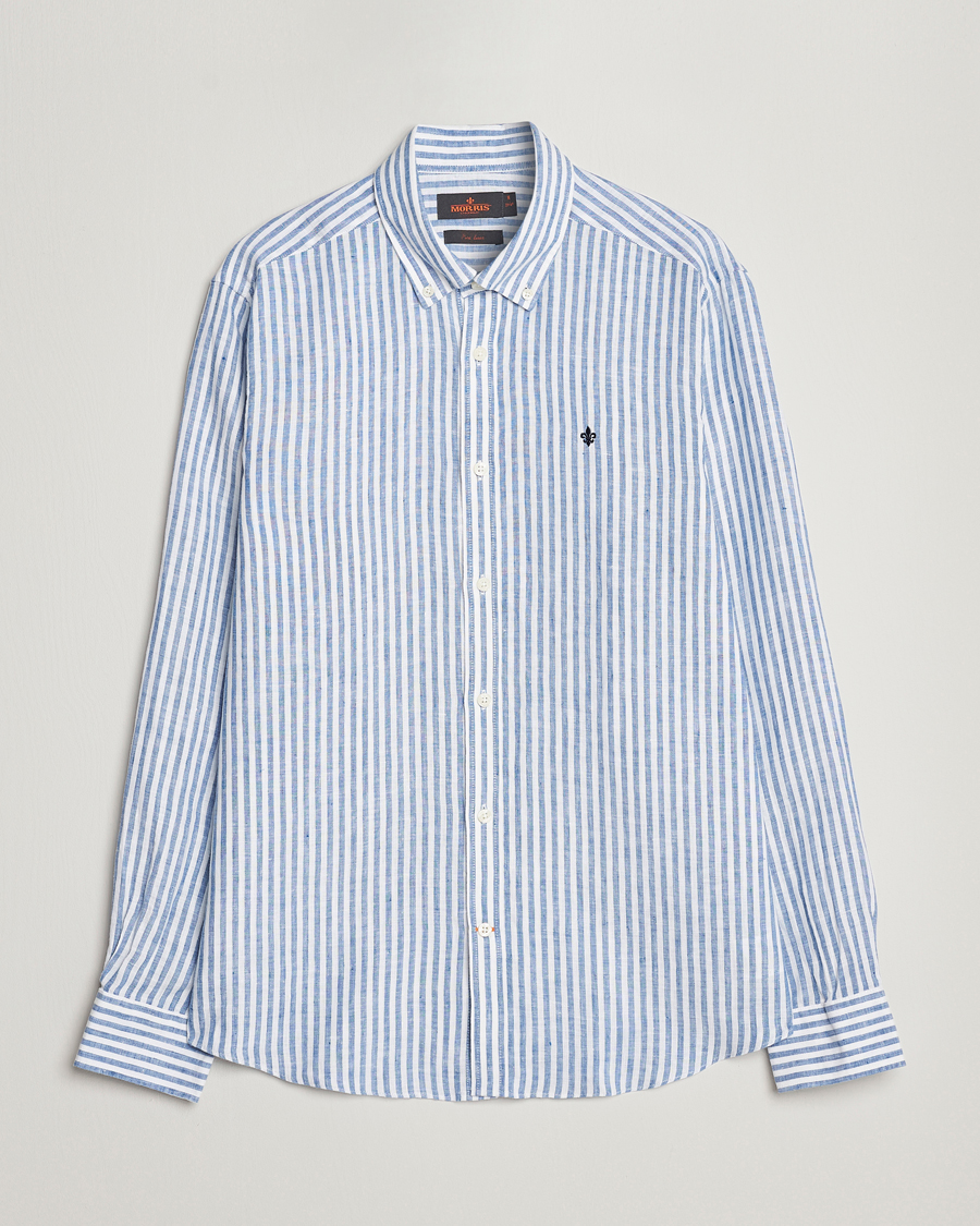 Hombres | Camisas | Morris | Douglas Linen Button Down Striped Shirt Navy/White