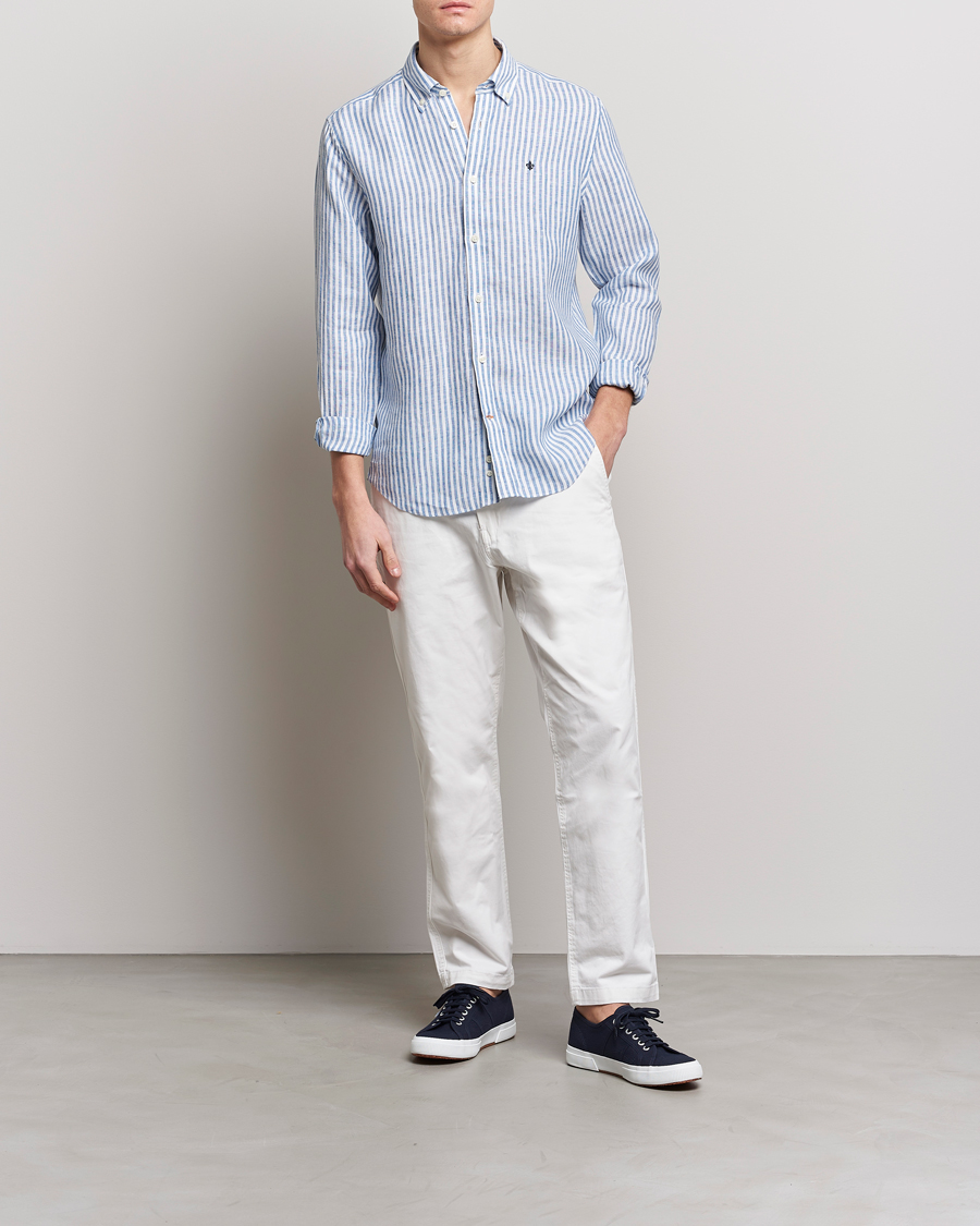 Hombres | Camisas | Morris | Douglas Linen Button Down Striped Shirt Navy/White