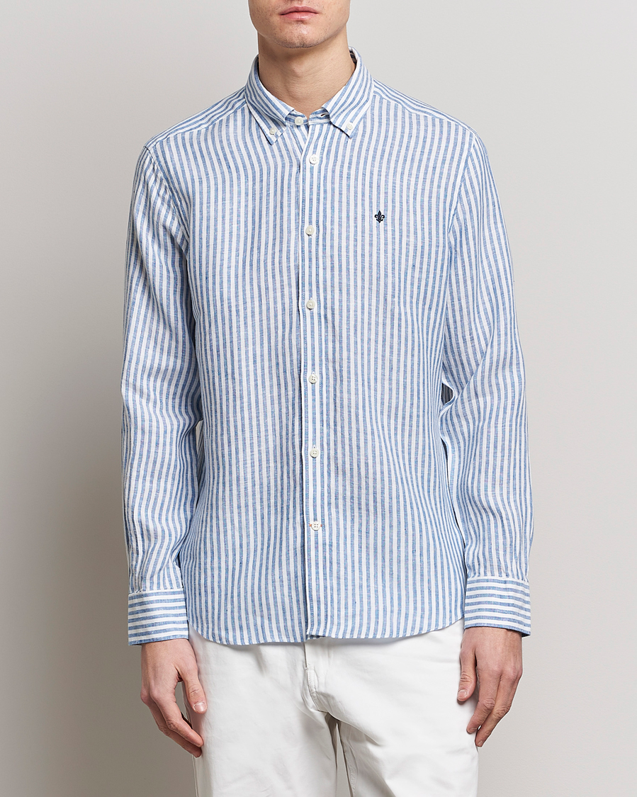 Hombres | Camisas | Morris | Douglas Linen Button Down Striped Shirt Navy/White