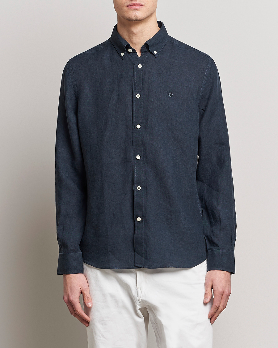Hombres | Camisas de lino | Morris | Douglas Linen Button Down Shirt Navy